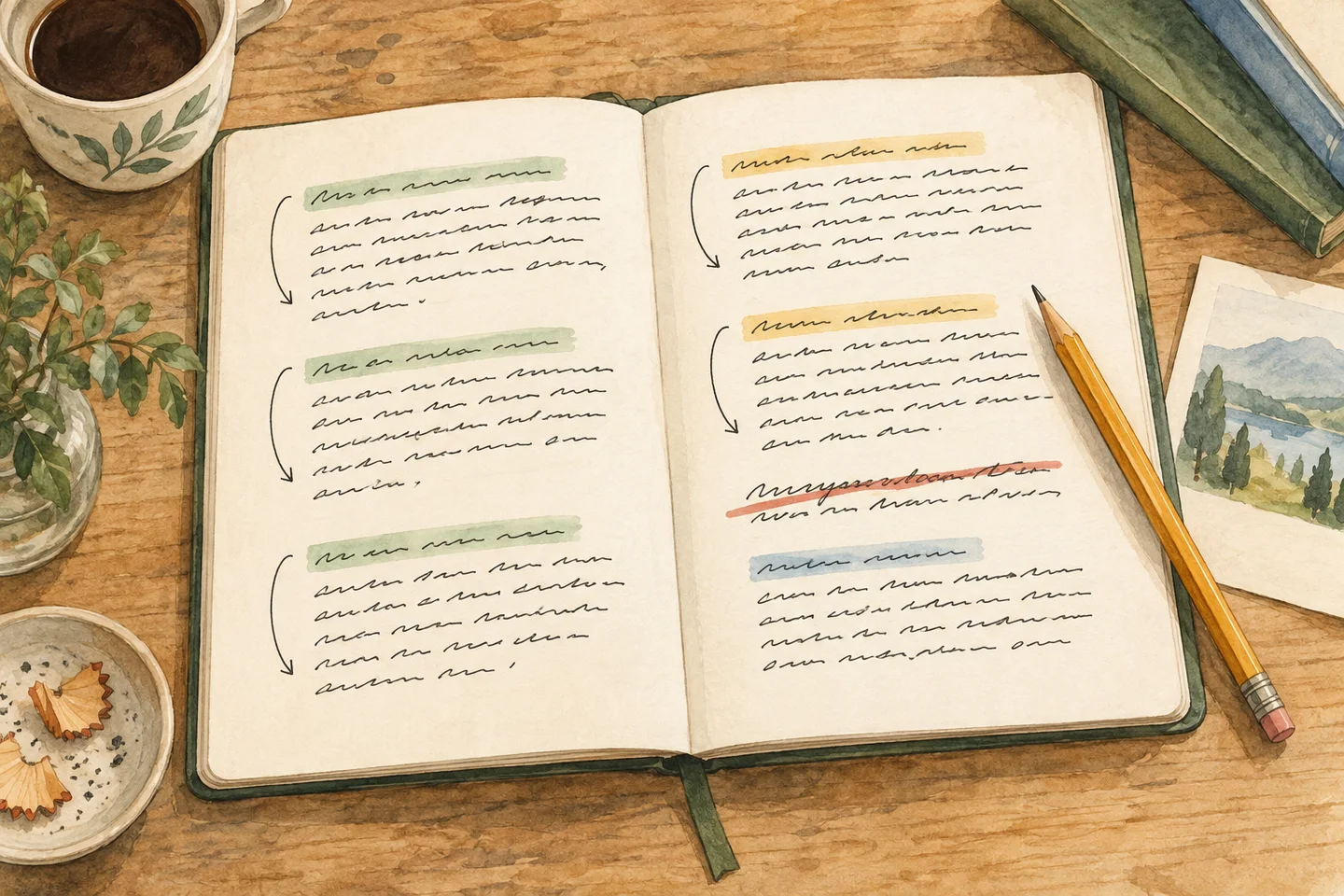 Illustration of a notebook with repeated paragraph structures marked