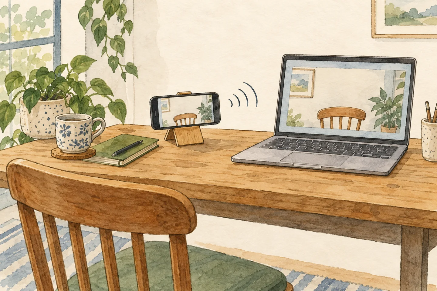 Illustration of a phone streaming to a laptop camera preview